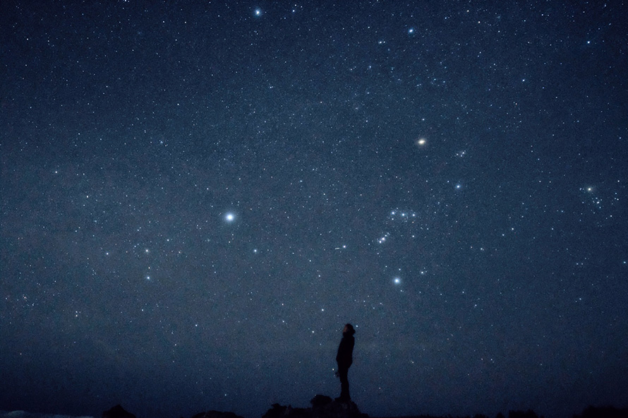 Silhouette of a person stargazing beneath a star-filled night sky
